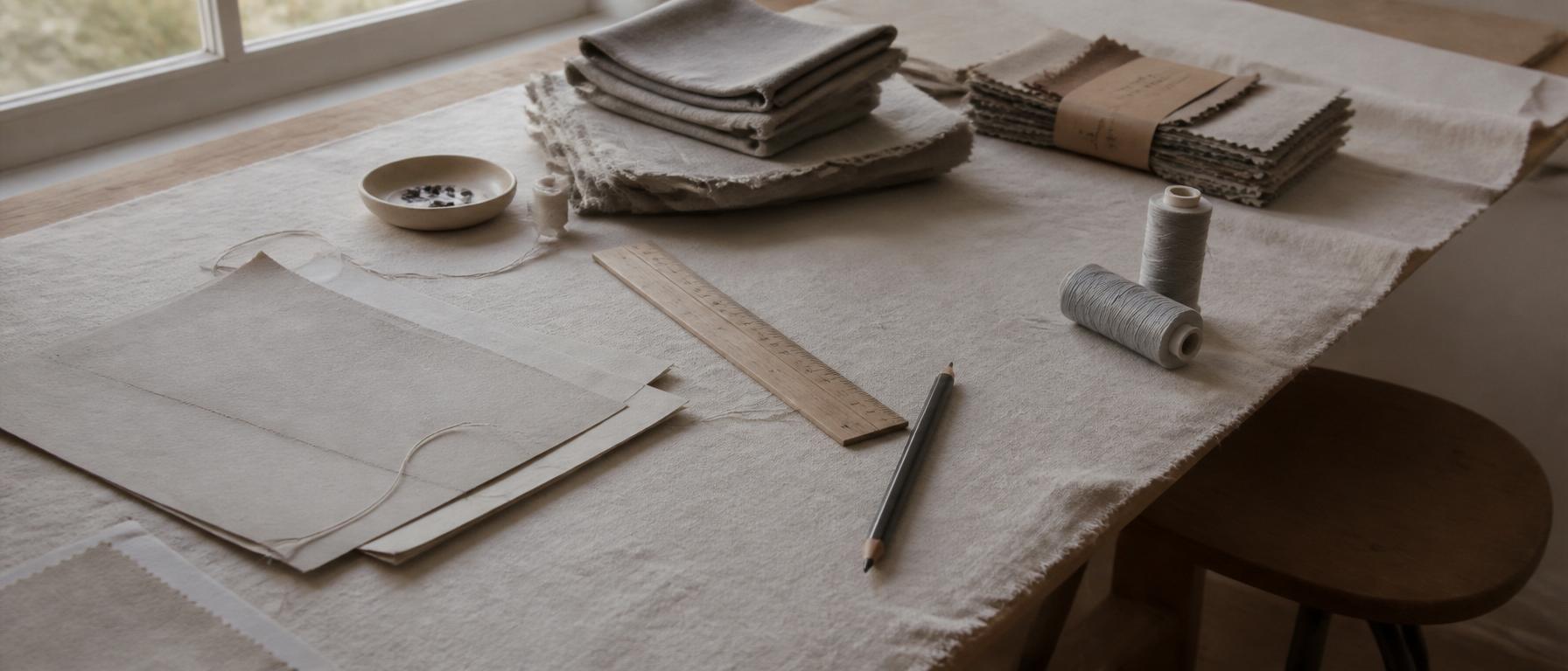 A wide, softly lit workspace table covered in natural linen, with folded gray fabric, thread spools, a wooden ruler, a pencil, paper pattern pieces, and a small dish of buttons near a window.